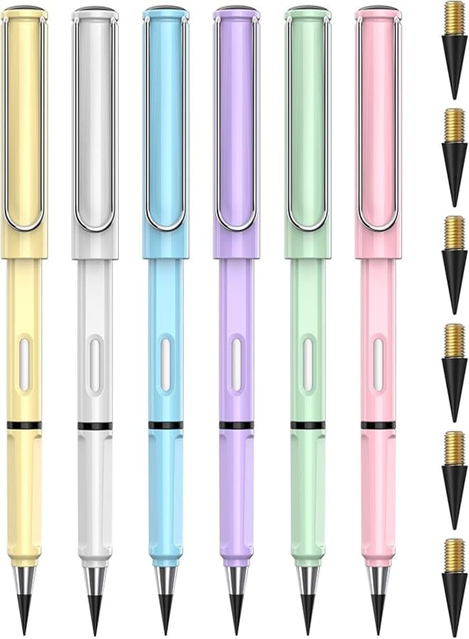 ALECPEA 6Pcs Everlasting Pencil Infinite Pencil, Inkless Magic Pencils Eternal with 6pcs Replacement Nibs, Portable Reusable Erasable Writing Pencil, for Writing Art Sketch Painting Tool